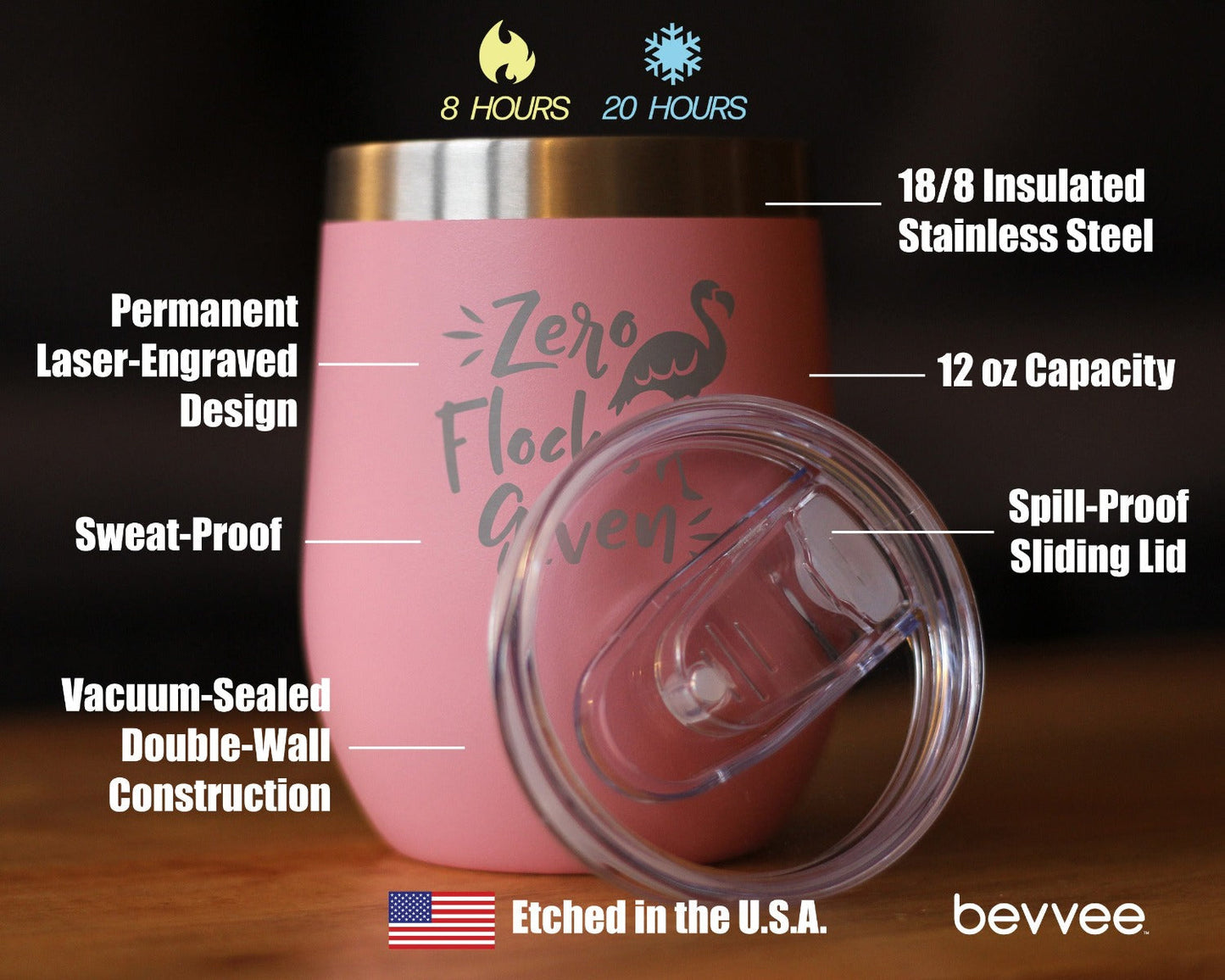 Verre à vin flamant rose « Zero Flocks Given » avec couvercle coulissant – Tasse isotherme sans pied en acier inoxydable – Cadeau mignon et amusant pour le camping en extérieur